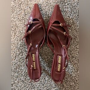 Miu Miu Burgundy Patent Leather Pointed Slingback Flats with Gold Buckles